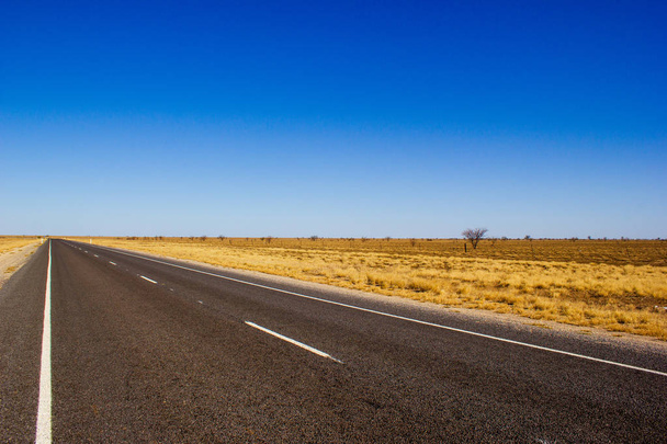 traight Road w deser Australii na Flinders Hightway, Quennsland Australia - Zdjęcie, obraz