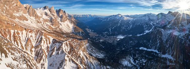 panoramic view on winter in San Martino di Castrozza valley from side of Vezzana - Photo, Image