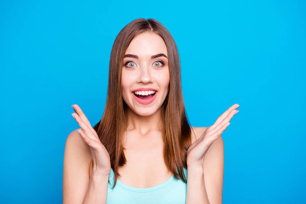 Close up portrait of charming attractive millennial person funny childish hipster astonished having crazy expression raising hands isolated open mouth screaming shouting on bright background - Valokuva, kuva