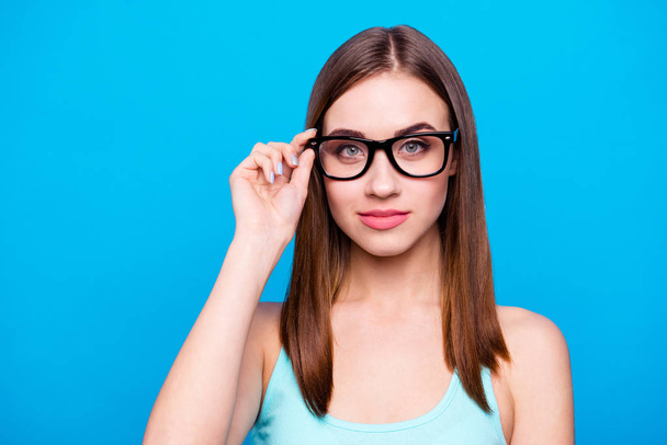 Close up photo amazing beautiful she her lady intelligence look candid eyes graduated first working day week reliable person wear specs casual tank top outfit clothes isolated blue bright background - Foto, Imagem
