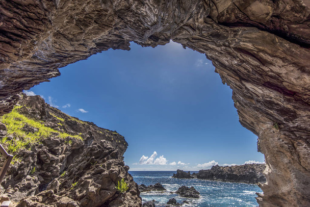 View from inside the cave of Ana Kai Tangata, the cave of the cannibals - Photo, Image