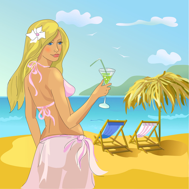 girl on the beach with a drink in his hand - Vektor, Bild