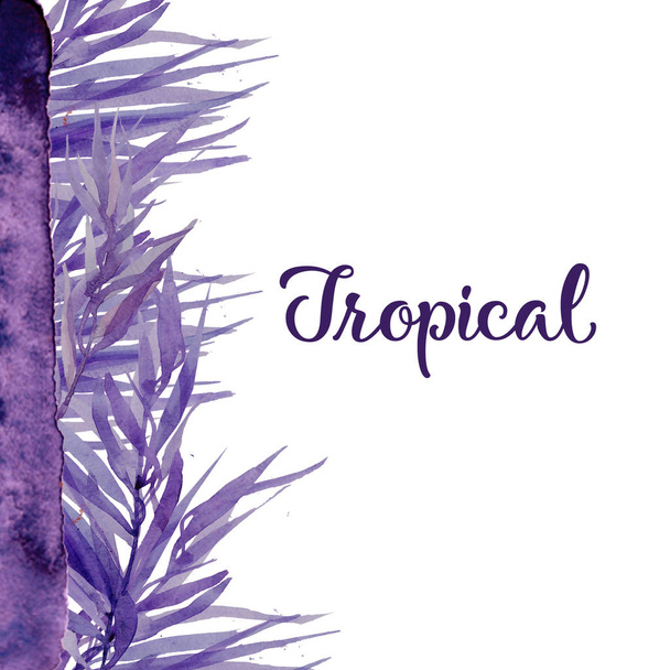 Watercolor background with tropical violet leaves painted in watercolor. banana leaves violet - Foto, Imagem