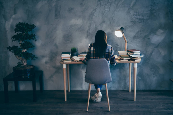 Rear back behind view of nice attractive brunette lady in checked shirt making finance company plan review report pile stack at industrial loft style interior work place station indoors - Zdjęcie, obraz
