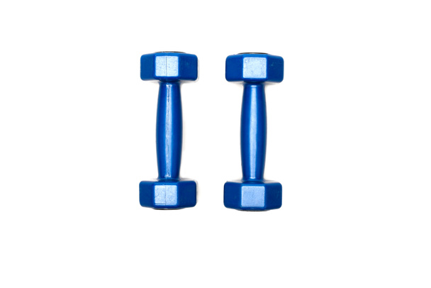 Top view of blue dumbbells isolated on white - 写真・画像