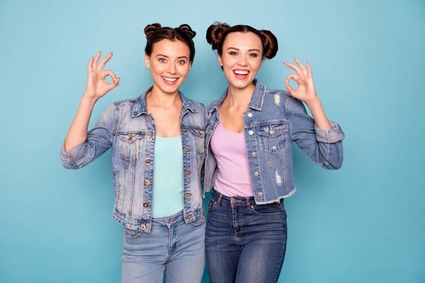 Portrait of nice satisfied cheerful millennial person making okay sign expressing good work job confirmation having free time holidays weekends wearing denim clothing on pastel background isolated - Photo, Image
