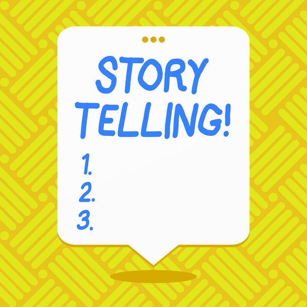 Conceptual hand writing showing Story Telling. Business photo showcasing activity writing stories for publishing them to public White Speech Balloon Floating with Three Punched Hole on Top. - Photo, Image