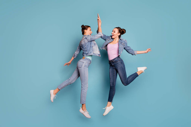 Great job Full length body size view profile side photo of cheerful excited isolated teenagers champion delighted victory scream shout yeah holidays vacation wearing denim outfit blue background - Photo, Image