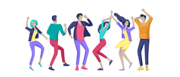 Jumping character in various poses. Group of young joyful laughing people jumping with raised hands. Happy positive young men and women - Vector, Image
