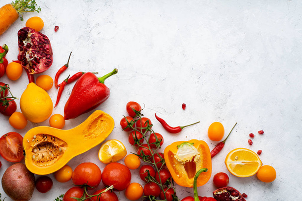 colorful vegetables arranged on white background. Vegan nutrition concept - Foto, Imagen