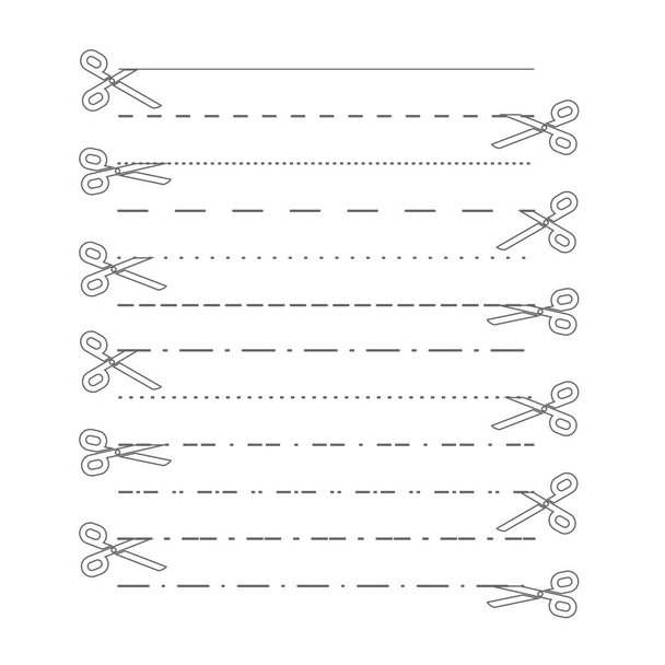 Το ψαλίδι διανύση με γραμμές κοπής, κουκκίδα, διακεκομμένες γραμμές. Διαίρεση Λιν - Διάνυσμα, εικόνα