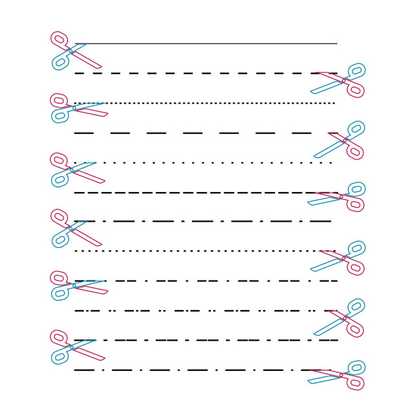 Scissors vectors with cut lines, dot, dashed lines. Dividing lin - Vector, Image