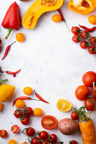 colorful vegetables arranged on white background. Vegan nutrition concept - Foto, Bild