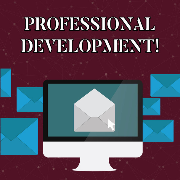 Text sign showing Professional Development. Conceptual photo learning earn maintain professional credentials Open Color Envelope inside Computer Screen. Letter Casing Surrounds the PC. - Photo, Image