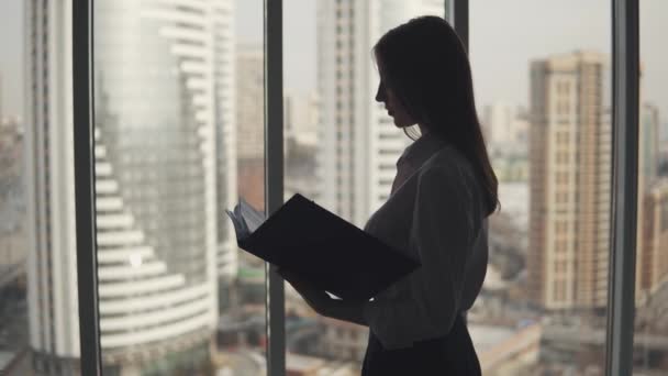 πορτρέτο του ελκυστικού κοριτσιού στο γραφείο στο φόντο του ουρανοξύστη. Σιλουέτα της επιχείρησης γυναίκα με ένα φάκελο για τα έγγραφα στα χέρια. - Πλάνα, βίντεο