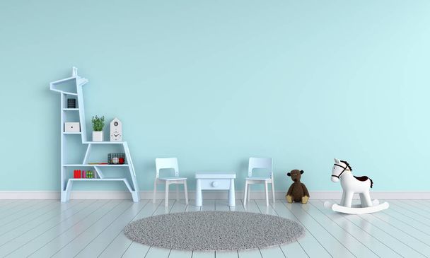 Kék asztal és szék gyermekteremben a mockup-hoz, 3D renderelés - Fotó, kép