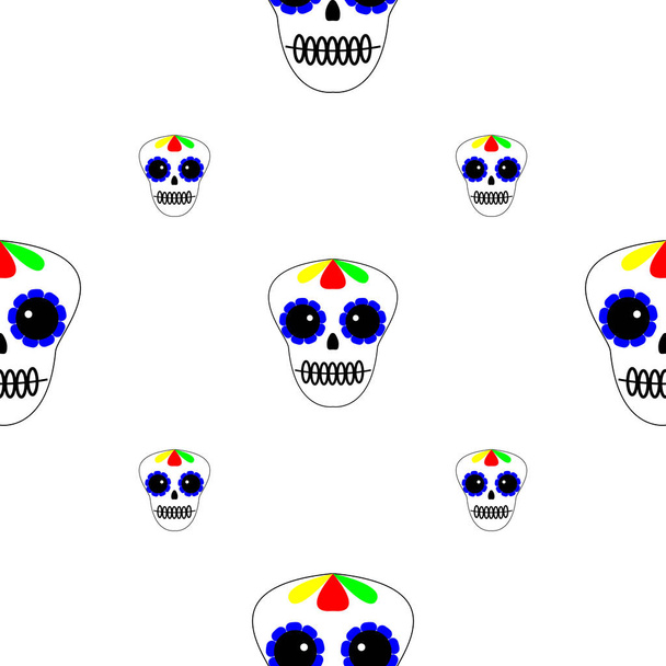 Vector illustration. Seamless pattern. Day of the dead. Dia de los muertos icons on white background. Set of colourful sculls. Halloween texture, background. eps10 - Vector, Image