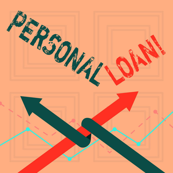Writing note showing Personal Loan. Business photo showcasing taking money bank helps you meet your current financial needs Two Arrows One Intertwined to Other Team Up or Competition. - Photo, Image