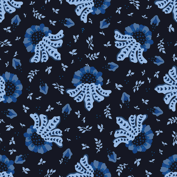 Indigo blue elegant indian floral plant pattern. Seamless repeating print. - Vector, Image