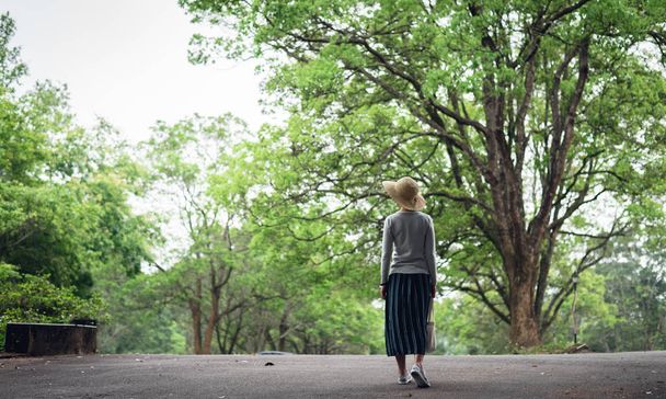 mujer dar un paseo en el camino bajo los árboles
 - Foto, imagen