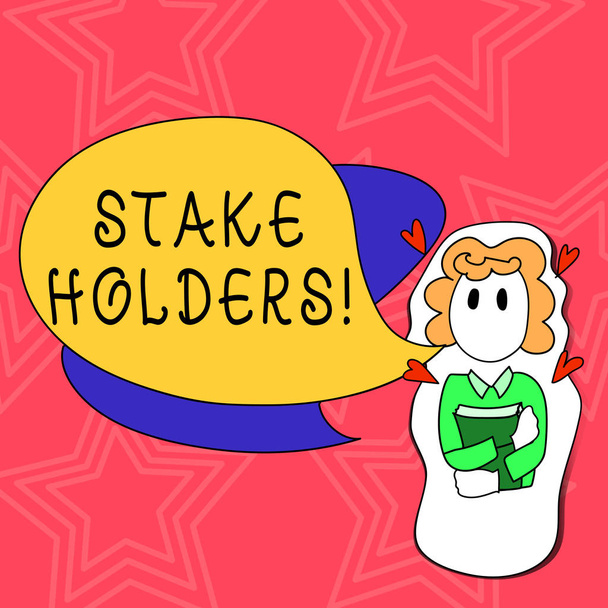 Conceptual hand writing showing Stake Holders. Business photo text dependent party with each of those make wager deposits money Girl Holding Book with Hearts Around her and Speech Bubble. - Photo, Image