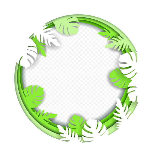 Talla de papel para enmarcar el marco de hojas de monstera y otras ramas de plantas exóticas en el bosque tropical, aislado. Concepto de origami, idea de naturaleza, ilustración vectorial, en colores blanco y verde
. - Vector, imagen