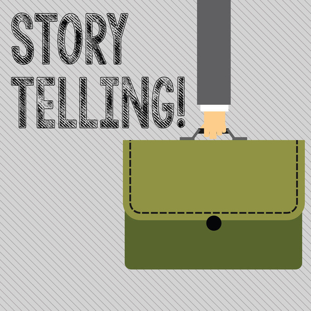 Text sign showing Story Telling. Conceptual photo activity writing stories for publishing them to public Businessman Hand Carrying Colorful Briefcase Portfolio with Stitch Applique. - Photo, Image