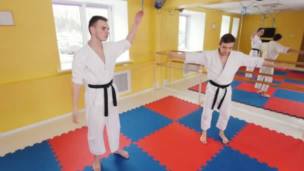 Zwei sportliche Männer trainieren ihre Aikido-Fähigkeiten im Studio. Aufwärmen vor dem Training - Filmmaterial, Video