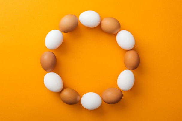 top view of whole white and brown organic chicken eggs arranged in round frame on bright orange background with copy space - Foto, Imagen