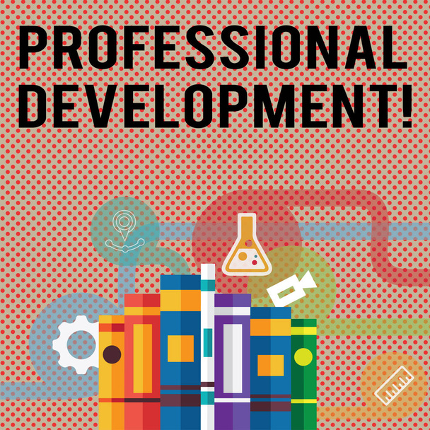 Text sign showing Professional Development. Conceptual photo learning earn maintain professional credentials Books Arranged Standing Up in Row with Assorted Educational Icons Behind. - Photo, Image