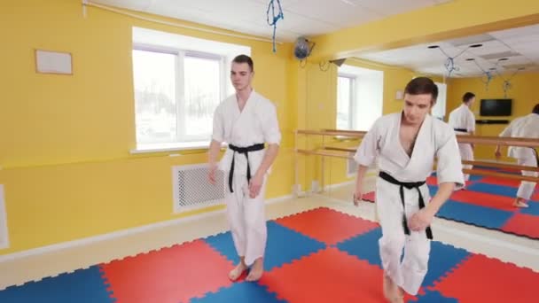 Dos hombres entrenando sus habilidades de aikido en el estudio. Calentamiento antes del entrenamiento
 - Metraje, vídeo