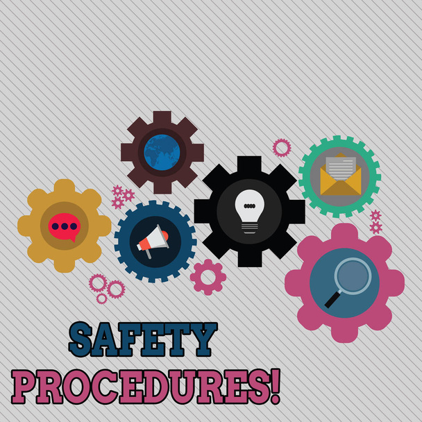 Conceptual hand writing showing Safety Procedures. Business photo text steps description of process when deviation may cause loss Set of Global Online Social Networking Icons Cog Wheel Gear. - Photo, Image