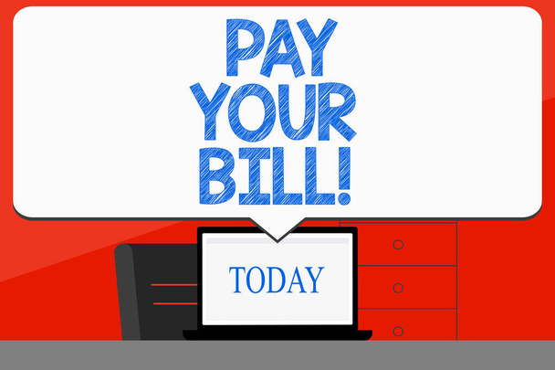 Word writing text Pay Your Bill. Business concept for amount of money to be paid as to workmen or for service Blank Huge Speech Bubble Pointing to White Laptop Screen in Workspace Idea. - Photo, Image