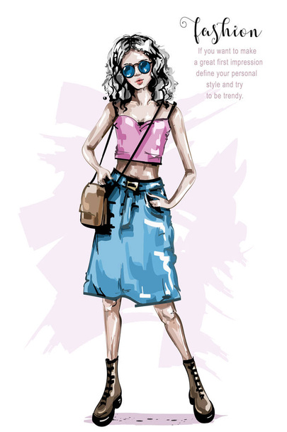 Hand drawn beautiful young woman with bag. Stylish girl in jeans skirt. Fashion woman look. Sketch.  - Vector, Image