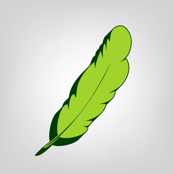 Feather sign illustration. Vector. Yellow green solid icon with dark green external body at light colored background. - Vector, Image