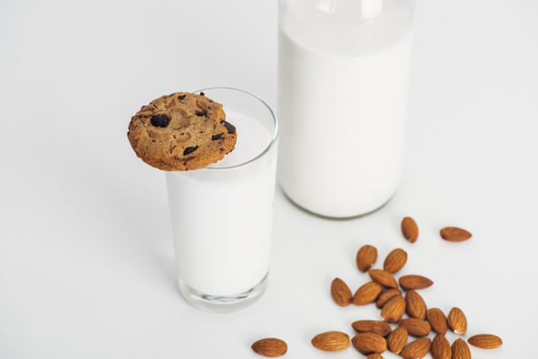 organic almond milk in bottle and glass with chocolate cookie - Foto, immagini