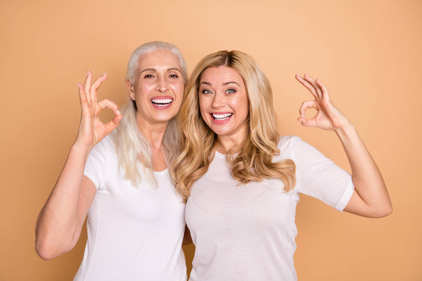 Portrait of nice-looking lovely winsome adorable attractive charming cute cheerful cheery positive glad ladies wearing white t-shirt showing ok-sign isolated over beige pastel background - Zdjęcie, obraz