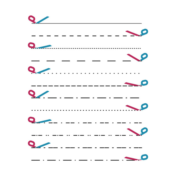 Το ψαλίδι διανύση με γραμμές κοπής, κουκκίδα, διακεκομμένες γραμμές. Διαίρεση Λιν - Διάνυσμα, εικόνα