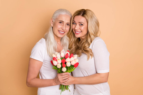 Portrait of attractive cute ladies granny grey hairstyle curly hairdo have anniversary receive greetings 8-march bouquet motherhood dressed modern beautiful outfit isolated on pastel background - Foto, Bild