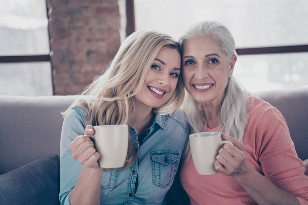 Close up photo two people funny she her ladies mom granddaughter child grandmother hot beverage tea conversation tell speak say secrets best fellows sit comfy couch divan flat house indoors - Foto, Imagem