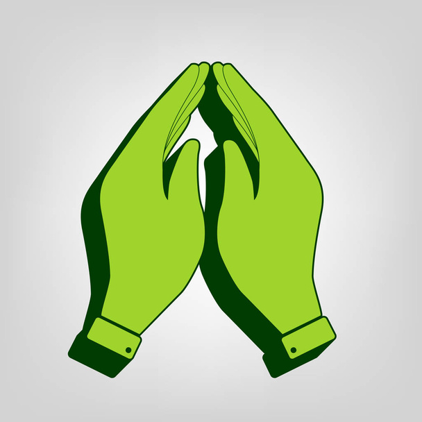 Hand pictogram illustratie. Gebed-symbool. Vector. Geel groen solide pictogram met donker groene extern orgaan bij licht gekleurde achtergrond. - Vector, afbeelding
