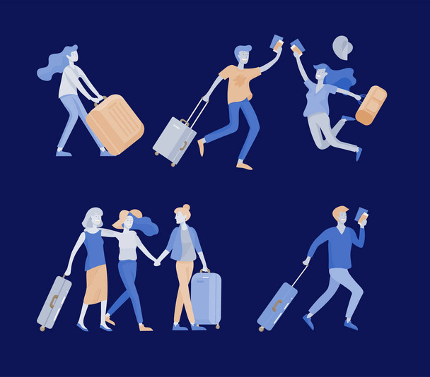 Different people travel on vacation. Tourists with laggage travelling with family, friends and alone, go on journey. Travelers in various activity with luggage and equipment. Vector - ベクター画像
