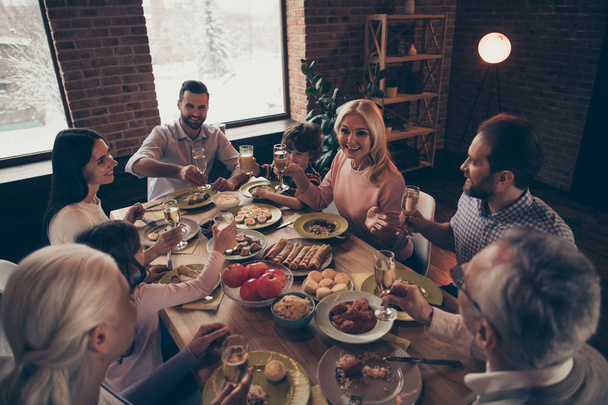 Close up photo big large family toast raise wineglasses golden beverage members brother sister granny mom dad grandpa little son daughter sit round festive holiday dishes table loft house indoors - Fotografie, Obrázek