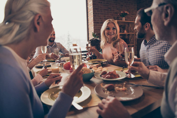 Close up photo big family anniversary toast raise wineglasses golden beverage members brother sister granny mom dad grandpa little son daughter sit festive holiday dishes table loft house indoors - Foto, immagini