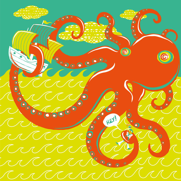 Octopus attacking sailor ship in sea, vector illustration  - Vector, Imagen