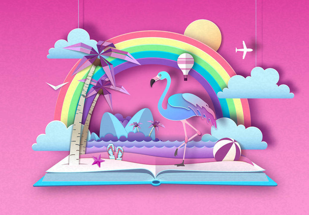 Livro de conto de fadas aberto com flamingo e paisagem de praia trópica. Corte design de estilo de arte de papel
 - Vetor, Imagem