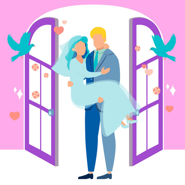 Newlyweds. The groom makes the bride in his arms. In minimalist style. Flat isometric vector - Vector, Image