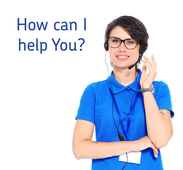Friendly technical support operator with headset and question "How can I help you?" on white background - Zdjęcie, obraz
