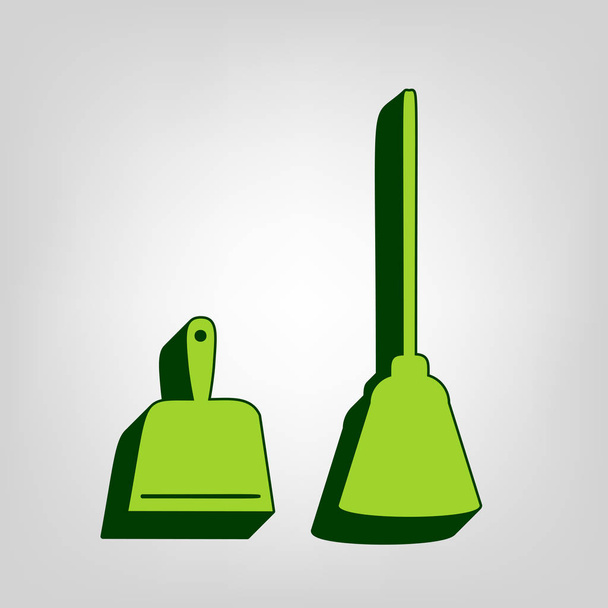 Dustpan sign. Scoop for cleaning garbage housework dustpan equipment. Vector. Yellow green solid icon with dark green external body at light colored background. - Vector, Image