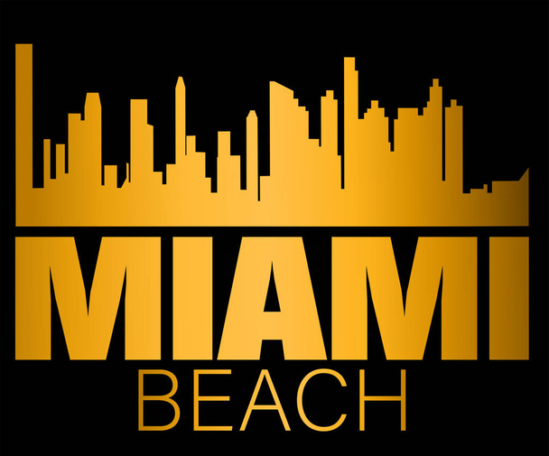 Miami Beach lettering and gold silhouette buildings on black backround. Travel card. - Vector, Image